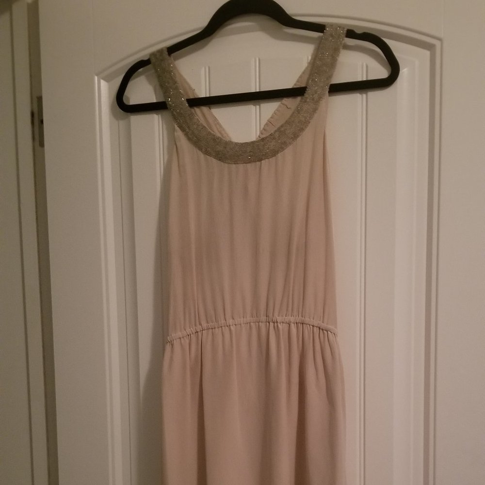 RORY BECA Grecian Silver Beaded Beige Silk Mini